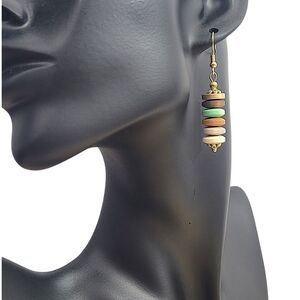 Hand Crafted Gold and Green Stacked Earrings Wood Dangle